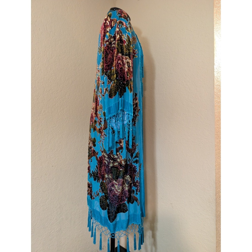 Suzanne Somers Burnout Velvet Beaded Floral Kimono Duster Fringe Turquoise OS - Picture 4 of 6